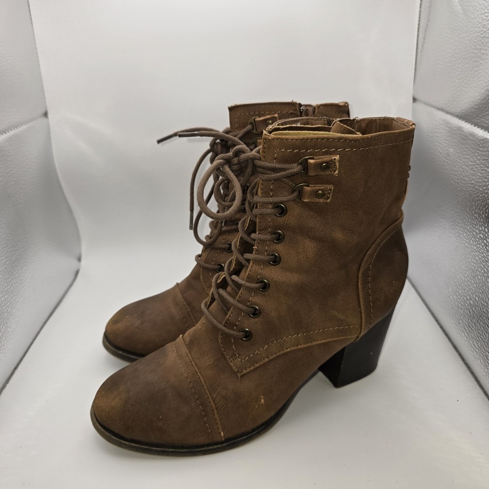 Madden Girl Combat Army Boots Womens 8.5M Westmont Brown Lace Up Heels Side Zip - Picture 2 of 7